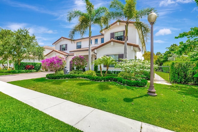 mediterranean / spanish-style home featuring stucco siding, fence, and a front yard