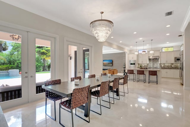dining area with recessed lighting, light tile patterned floors, visible vents, a notable chandelier, and french doors