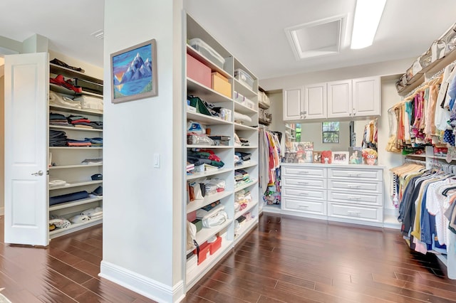 spacious closet featuring attic access and dark wood-style flooring