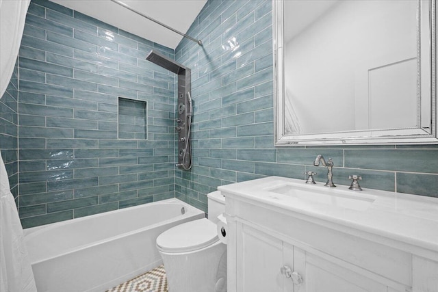 bathroom featuring vanity, toilet, shower / bathtub combination with curtain, tile walls, and decorative backsplash