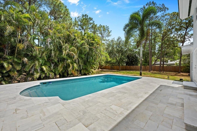 view of swimming pool featuring a patio, a fenced backyard, and a fenced in pool