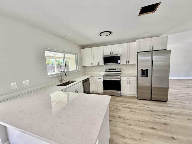 kitchen featuring a peninsula, white cabinets, light stone counters, a sink, and stainless steel appliances
