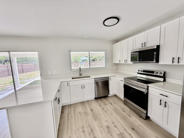 kitchen featuring a peninsula, light wood-type flooring, white cabinets, a sink, and stainless steel appliances