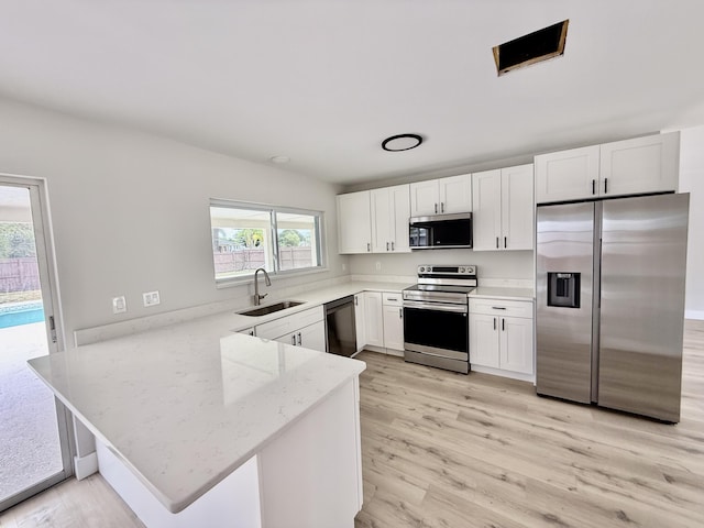 kitchen featuring light stone countertops, a sink, a peninsula, stainless steel appliances, and white cabinetry