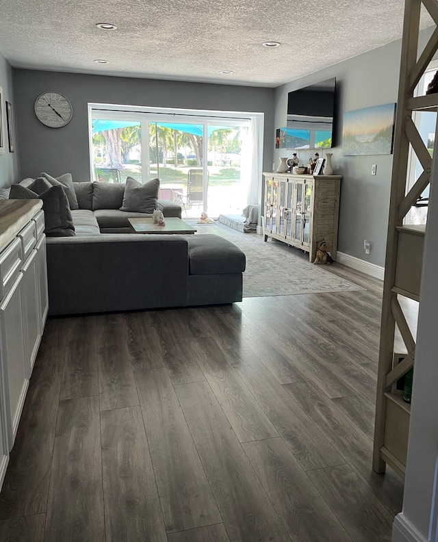 living area featuring baseboards, a textured ceiling, and wood finished floors