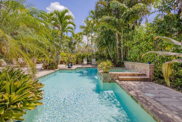 outdoor pool with an in ground hot tub