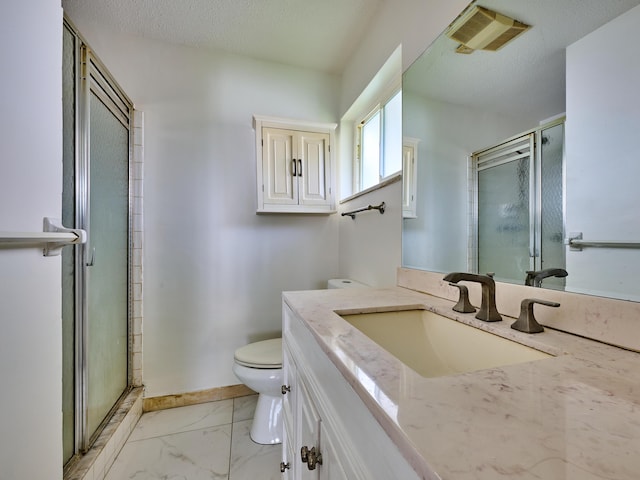 bathroom with visible vents, a stall shower, vanity, toilet, and marble finish floor