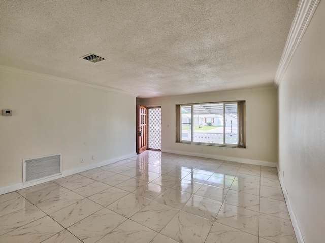 unfurnished room featuring crown molding, baseboards, marble finish floor, and visible vents
