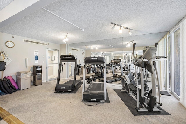 gym with a textured ceiling, carpet flooring, and track lighting