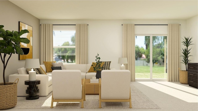 living area with a wealth of natural light and carpet