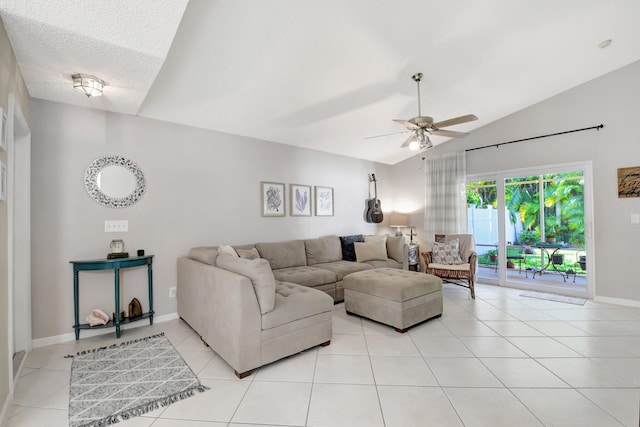 8024 Stirrup Cay Ct, Boynton Beach, FL 33436 - living area featuring light tile patterned floors, baseboards, ceiling fan, and vaulted ceiling