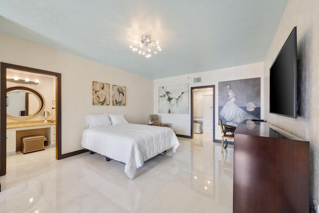 300 SE 5th Ave Unit 2050, Boca Raton, FL 33432 - bedroom featuring baseboards, marble finish floor, ensuite bathroom, an inviting chandelier, and visible vents