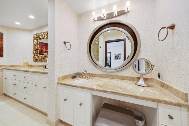 300 SE 5th Ave Unit 2050, Boca Raton, FL 33432 - bathroom featuring vanity, wallpapered walls, and recessed lighting