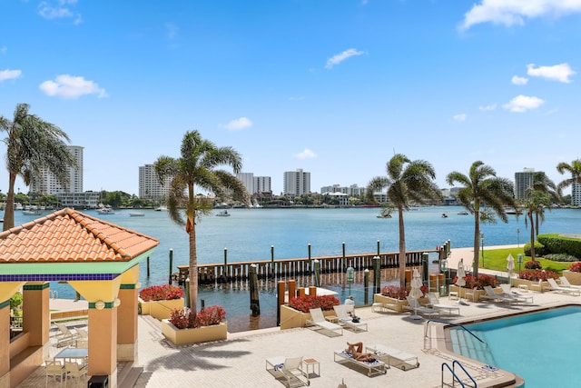 300 SE 5th Ave Unit 2050, Boca Raton, FL 33432 - pool with a boat dock, a patio area, and a water view