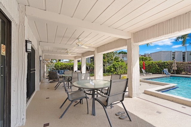 6534 Spring Bottom Way Unit 123, Boca Raton, FL 33433 - view of patio / terrace featuring a fenced in pool, outdoor dining area, and ceiling fan
