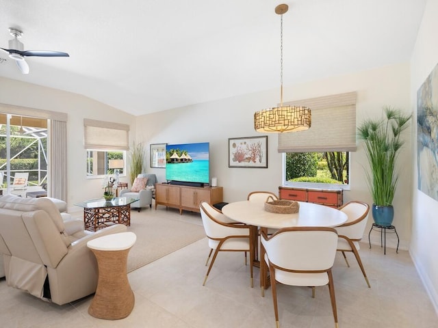 6000 Venetto Way, Vero Beach, FL 32967 - dining room with a ceiling fan, lofted ceiling, and baseboards