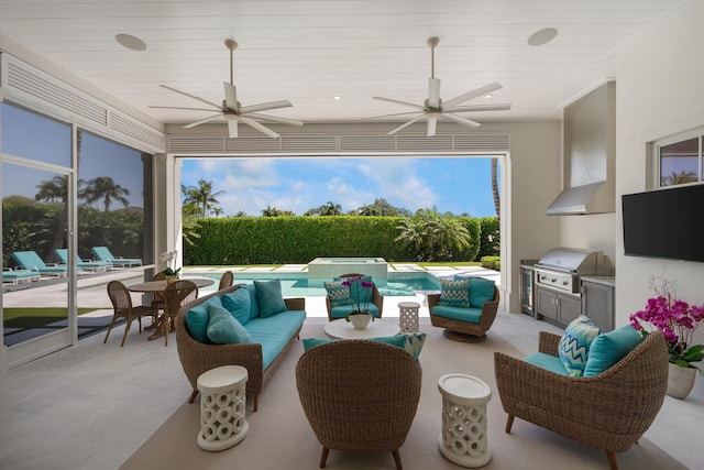 interior space featuring area for grilling, ceiling fan, outdoor lounge area, and a pool with connected hot tub