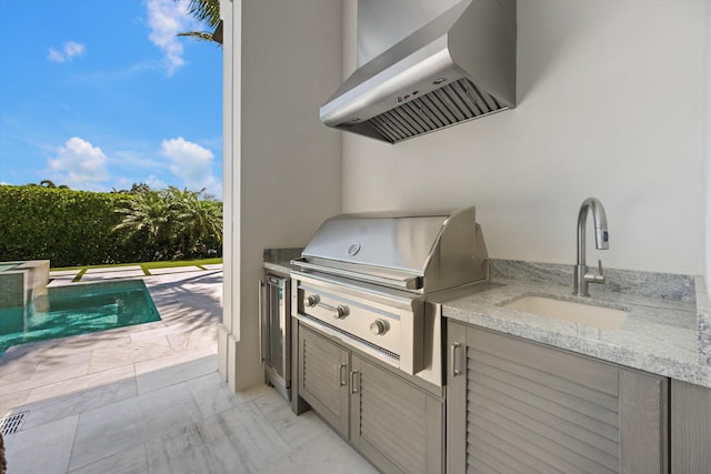 view of patio / terrace featuring a fenced in pool, a sink, a grill, and area for grilling
