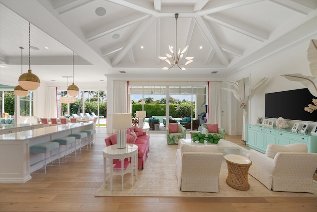 living room with recessed lighting, plenty of natural light, light wood finished floors, and beam ceiling