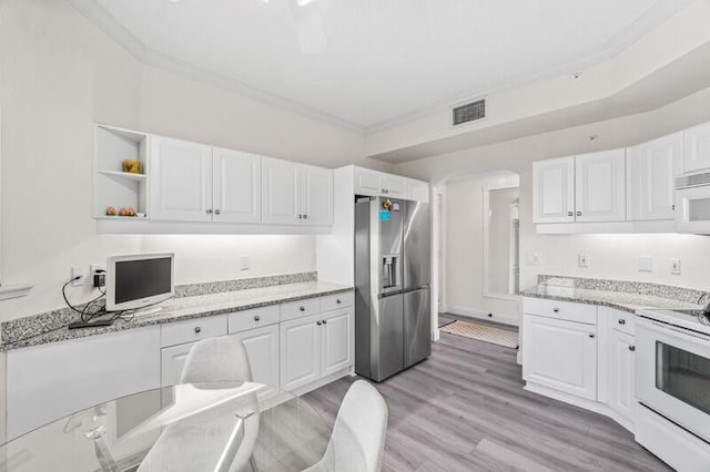 7546 La Paz Blvd Unit 408, Boca Raton, FL 33433 - kitchen with white appliances, white cabinetry, ornamental molding, light stone counters, and open shelves