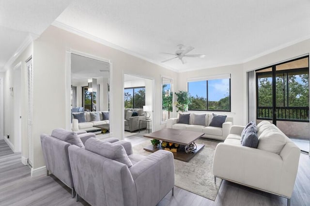 7546 La Paz Blvd Unit 408, Boca Raton, FL 33433 - living room with plenty of natural light, ornamental molding, a ceiling fan, and light wood finished floors