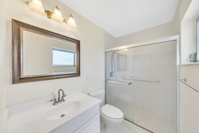 full bath featuring vanity, toilet, and a stall shower