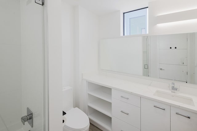 bathroom with toilet, walk in shower, and vanity