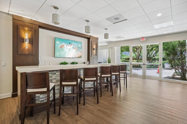 4201 N Ocean Blvd Unit 208, Boca Raton, FL 33431 - bar with french doors, a paneled ceiling, wet bar, wood finished floors, and pendant lighting