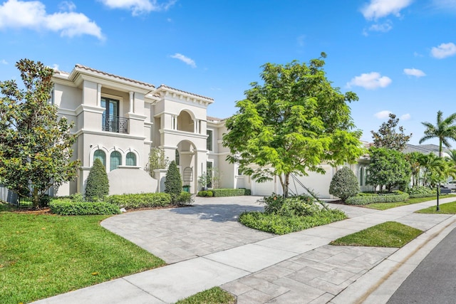 7339 NW 28th Way, Boca Raton, FL 33496 - mediterranean / spanish house featuring driveway, a tile roof, a front yard, stucco siding, and a garage