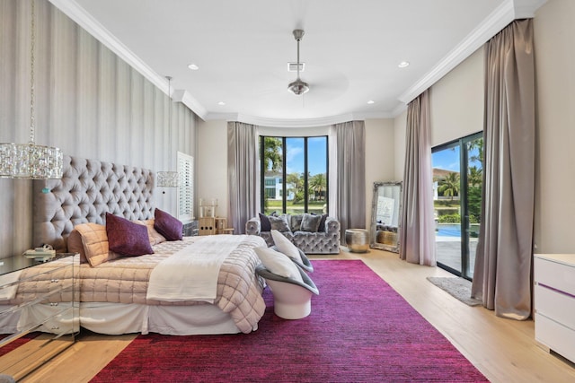 7339 NW 28th Way, Boca Raton, FL 33496 - bedroom with crown molding, visible vents, access to exterior, light wood-type flooring, and recessed lighting