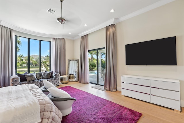 7339 NW 28th Way, Boca Raton, FL 33496 - bedroom featuring crown molding, visible vents, access to exterior, recessed lighting, and wood finished floors