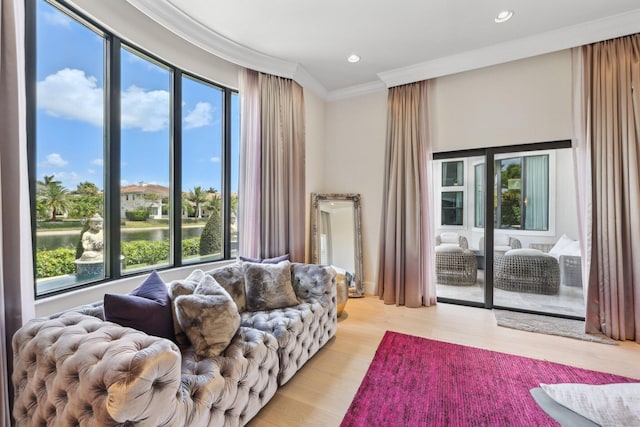 7339 NW 28th Way, Boca Raton, FL 33496 - living room featuring ornamental molding, recessed lighting, light wood-style floors, and a healthy amount of sunlight