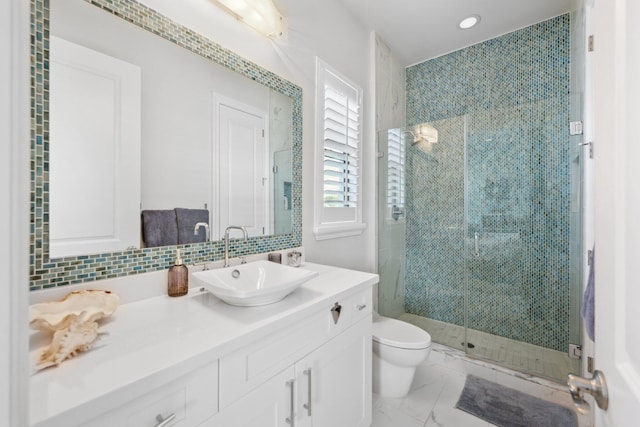 7339 NW 28th Way, Boca Raton, FL 33496 - full bathroom with recessed lighting, a shower stall, marble finish floor, toilet, and vanity