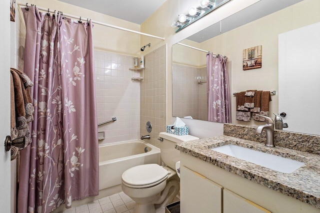 full bathroom featuring tile patterned floors, vanity, toilet, and shower / tub combo with curtain
