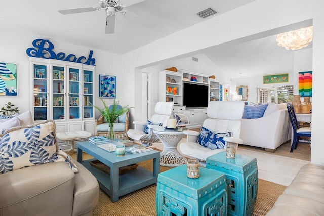 4511 Meadowlark Ln, Boynton Beach, FL 33436 - living area with a ceiling fan, visible vents, and vaulted ceiling