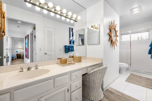 4511 Meadowlark Ln, Boynton Beach, FL 33436 - bathroom featuring toilet, vanity, tile patterned flooring, a shower stall, and baseboards