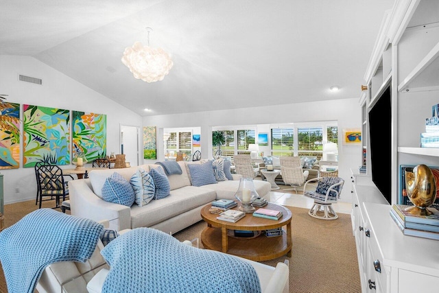 4511 Meadowlark Ln, Boynton Beach, FL 33436 - living room featuring lofted ceiling, a chandelier, and visible vents