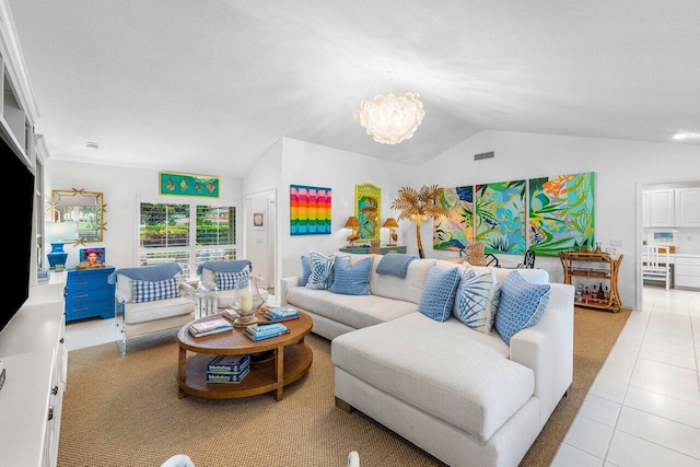 4511 Meadowlark Ln, Boynton Beach, FL 33436 - living area with light tile patterned floors, visible vents, lofted ceiling, and a notable chandelier