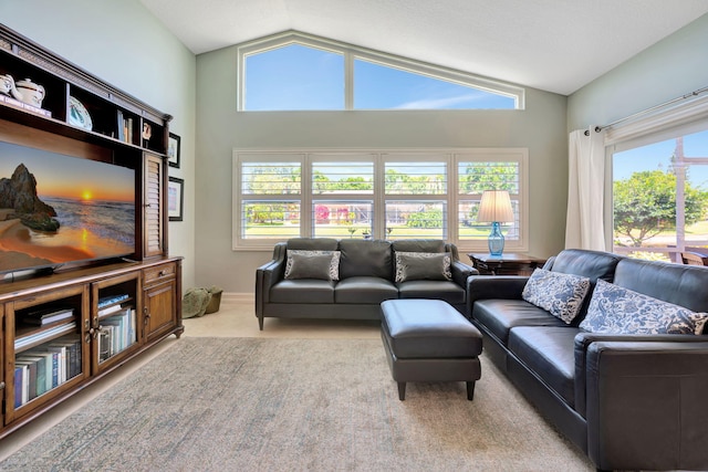 living room featuring carpet, lofted ceiling, and a healthy amount of sunlight