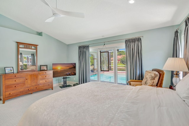 bedroom featuring carpet floors, access to outside, a ceiling fan, and lofted ceiling