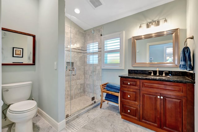bathroom featuring vanity, toilet, lofted ceiling, visible vents, and a stall shower