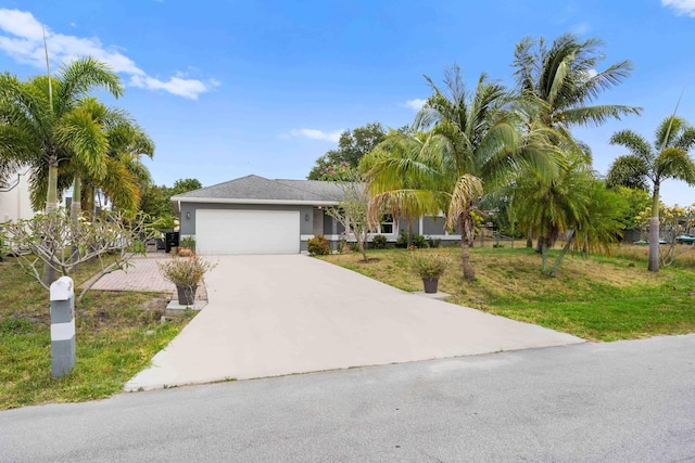 ranch-style home with an attached garage, stucco siding, and driveway