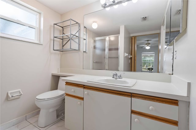 bathroom with tile patterned flooring, vanity, visible vents, toilet, and a shower stall