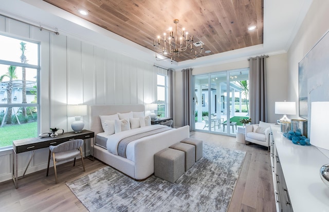 20128 Se Bridgewater Drive Oakley Model, Jupiter, FL 33458 - bedroom featuring access to outside, an inviting chandelier, light wood-style floors, ornamental molding, and wood ceiling