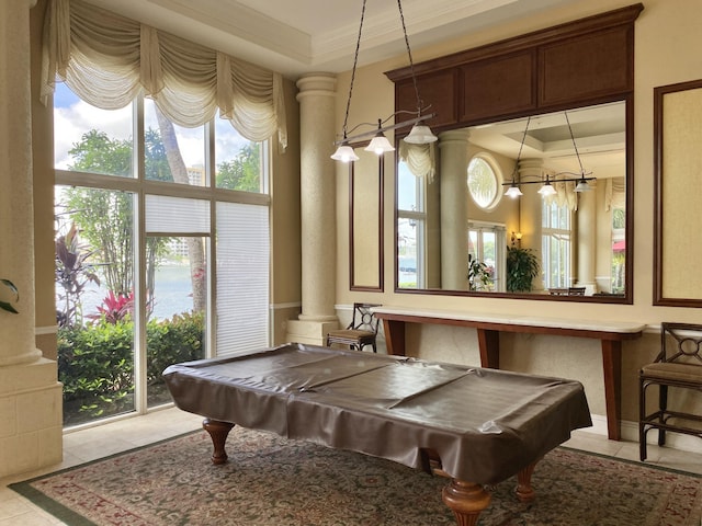 playroom with light tile patterned floors, billiards, crown molding, and decorative columns