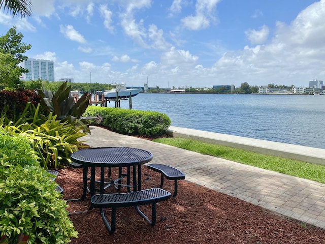 water view featuring a city view and a boat dock
