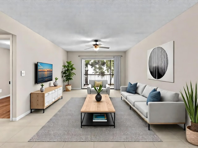 614 NW 13th St Unit 27, Boca Raton, FL 33486 - living area with light tile patterned floors, ceiling fan, and baseboards