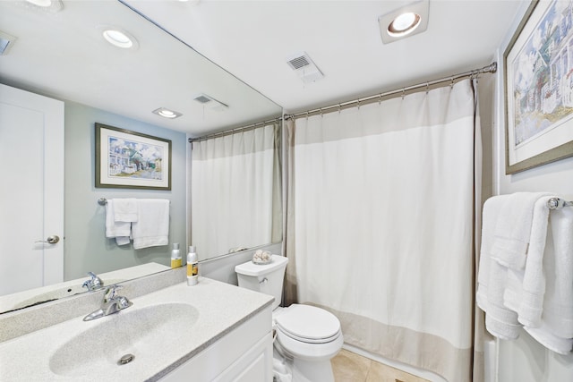 bathroom with tile patterned flooring, vanity, toilet, recessed lighting, and visible vents