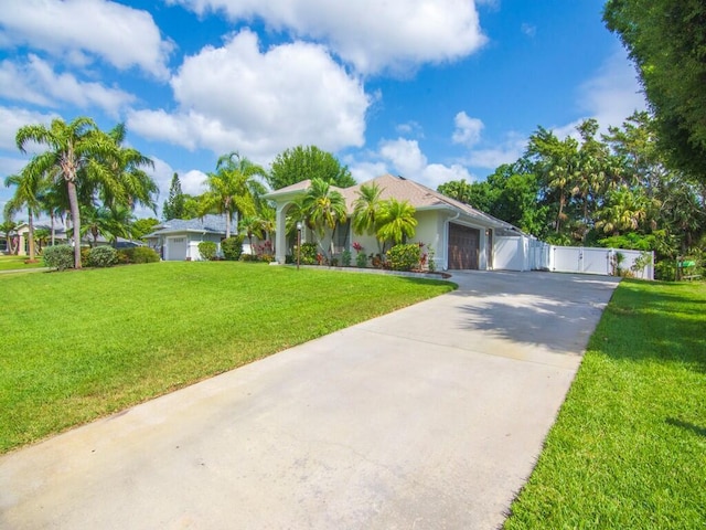 ranch-style home featuring a garage, a gate, concrete driveway, and a front lawn