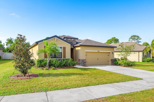 6056 NW Regent St, Port Saint Lucie, FL 34983 - view of front of house featuring a garage, a front yard, stone siding, stucco siding, and driveway